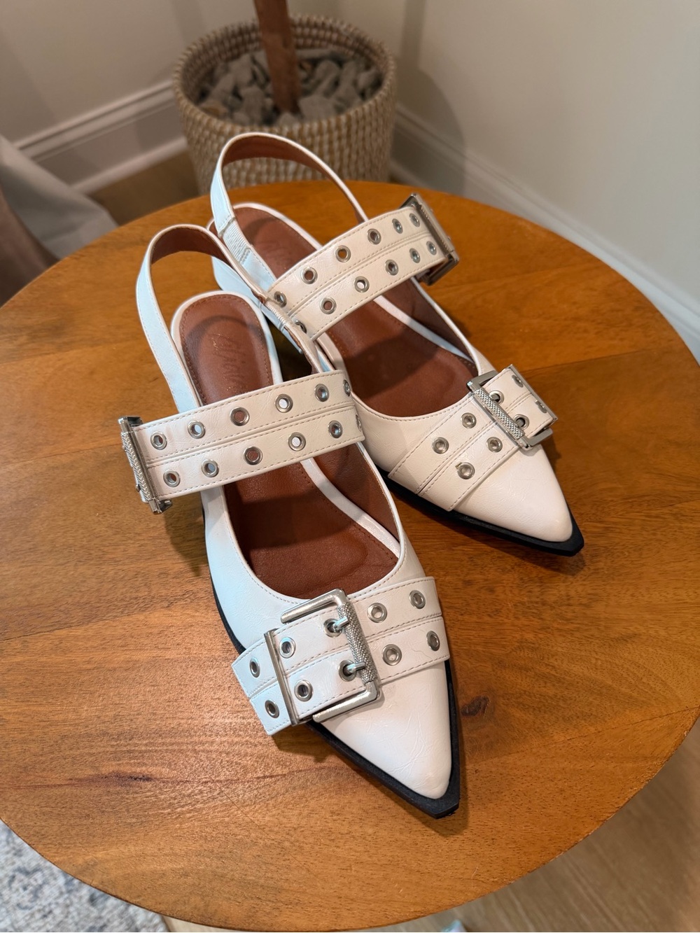 White Pointed Toe Buckle Slingback Flats